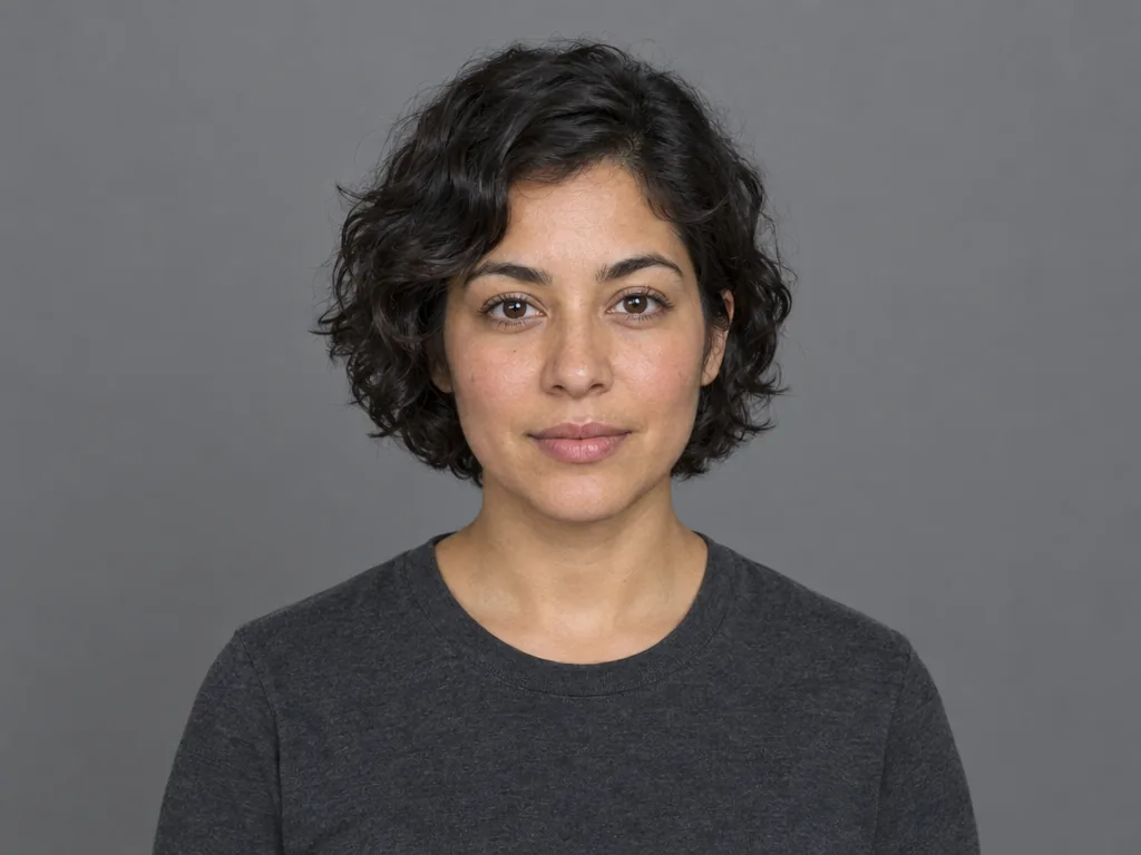 Woman with short dark curls and a charcoal top against a gray backdrop before relighting