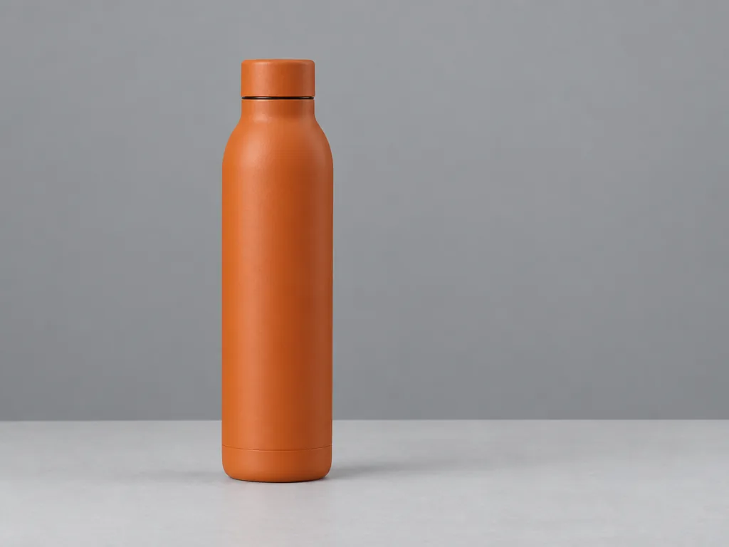 Orange metal water bottle on a gray surface before relighting