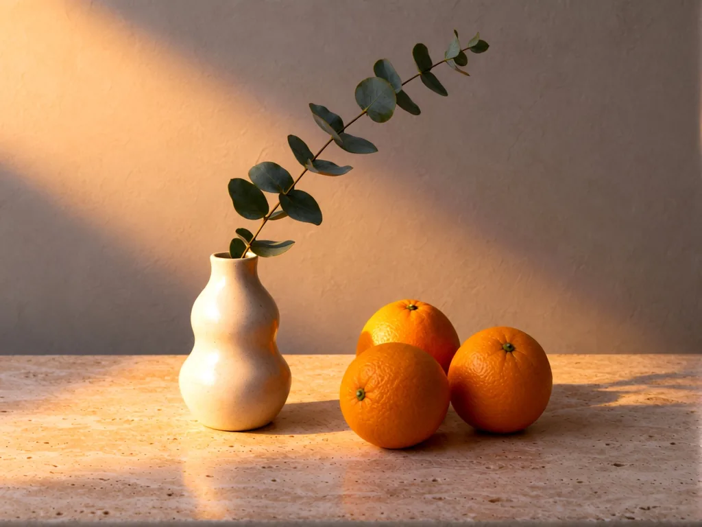 Vase, eucalyptus and oranges after AI photo relighting