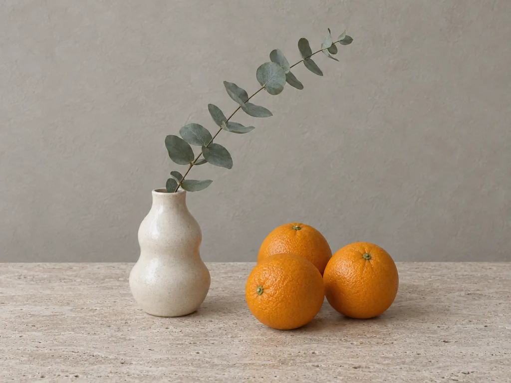 Cream ceramic vase, eucalyptus and three oranges on travertine before relighting